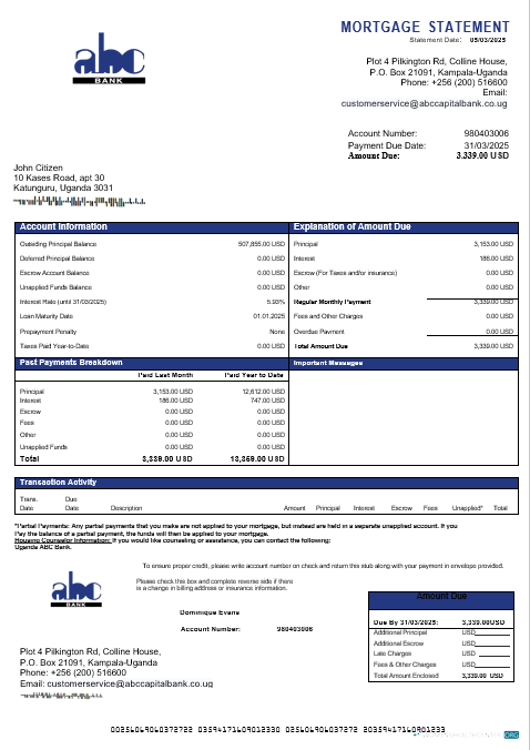 Download Uganda ABC Bank of Uganda mortgage statement in Word and PDF formats Photoshop template